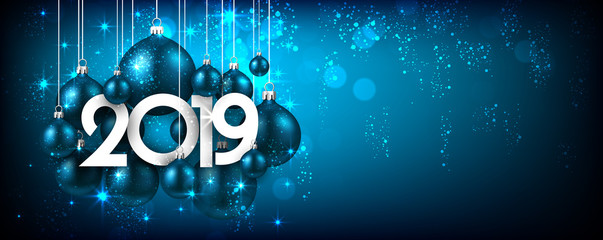 Blue festive 2019 new year banner with Christmas balls.