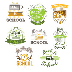 Greeting cards labels set with ribbon books bag clock bus pen and pencil vector illustration. First day of school emblems.