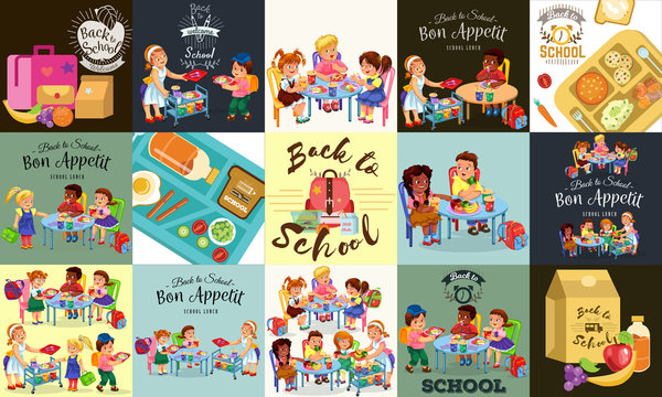 Schoolchildren having lunch, Happy smiling pupils buying and eating dinner in canteen vector illustration.