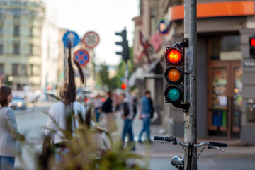 Abstracts of metropolitan streets with crossroads and traffic lights.