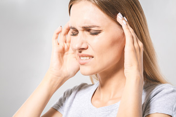 Health. Woman In Pain Feeling Bad And Sick, Having Headache And Fever, Holding Hand On Forehead....