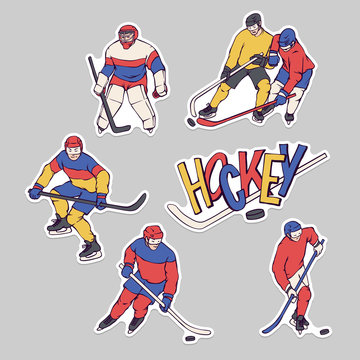 Vector stickers hockey player and goalkeeper in sports uniform. Sportsmans motion with hockey stick and puck in different race. Set outline illustration and inscription letters