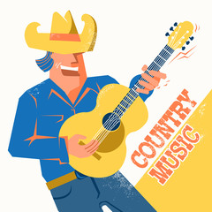 Country music concert poster with singer man in cowboy hat palying the guitar