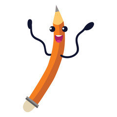 Pencil flat icon, Funny crayon with eraser arms and happy facial emotion.