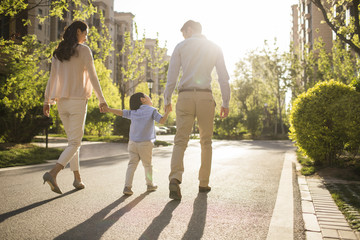 Happy young family holding hands walking