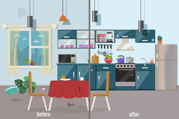 Kitchen before and after cleaning vector flat illustration.