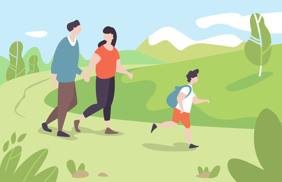 Vector illustration young family with kid walking in park outdoor nature in moden flat style