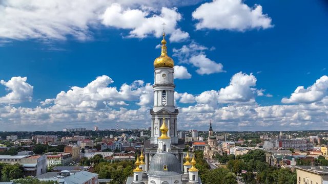 The bell tower of the Assumption Cathedral Uspenskiy Sobor timelapse in Kharkiv, Ukraine