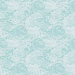 Plakat Vector waves sea ocean seamless background pattern. Big and small bursts splash with foam and bubbles. Outline sketch illustration.