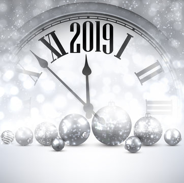 Grey shiny 2019 New Year background with clock. Greeting card.