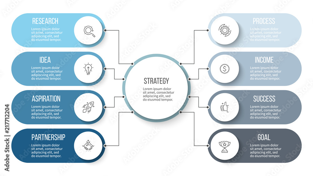 Sticker business infographic. organization chart with 8 options. vector template.