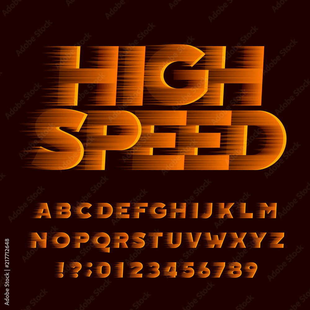 Fototapete high speed alphabet font. wind effect oblique type letters and numbers. stock vector typeface.