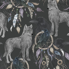 Modèle sans couture de peinture d& 39 aquarelle avec le loup et le corbeau, dreamcatcher