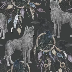 Draagtas Aquarel schilderij naadloos patroon met wolf en raaf, dromenvanger © ramiia