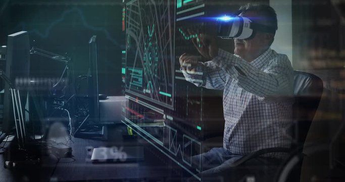 Portrait of a man while he is using  futuristic technologies, he is using an oculus and watching holograms. Concept: technology, future, work