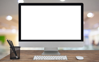Work place concept Loft workspace concept. Mock up white screen modern desktop computer