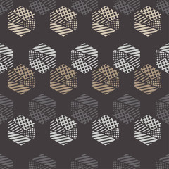 Seamless abstract geometric pattern. The shapes of hexagons. Texture stripes, checks, dots. Textile rapport.