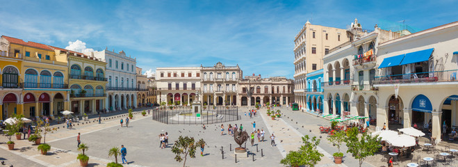 Havana, Cuba-October 8, 2016. Panoramic view of Old Square Plaza Vieja surrounded by colonial...