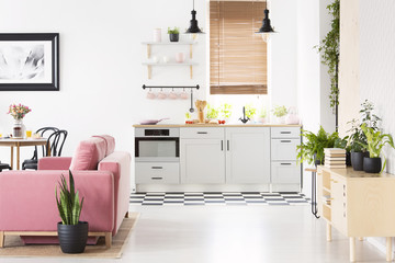 Real photo of open space kitchen interior with checkerboard floor, window with wooden blinds, pink velvet couch and many fresh plants - obrazy, fototapety, plakaty