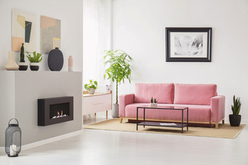 Posters on walls in Scandi sitting room interior with pink velvet couch, fresh plants, fireplace and decor