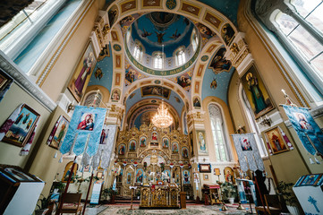 Fototapeta na wymiar Orthodox Church. church icons, religion. Christianity. Church from the middle, church throne, altar.