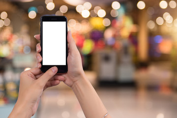 Cropped shot view of woman's hands holding smart phone with blank copy space