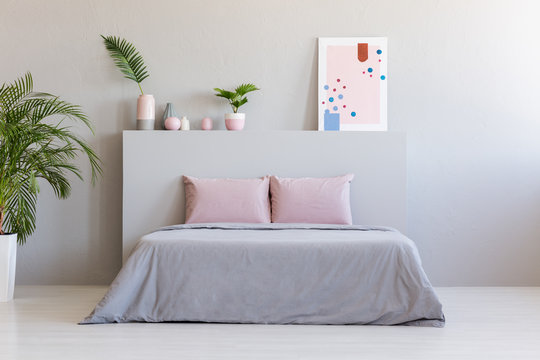 Poster and plants on bedhead of bed with pink cushions in grey bedroom interior. Real photo