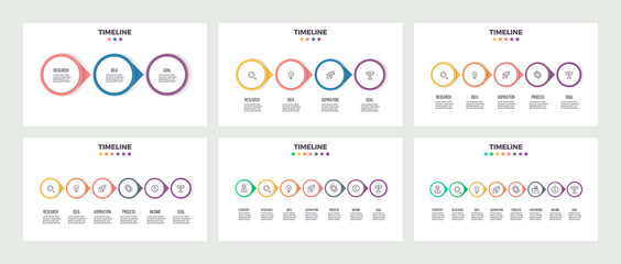 Fototapeta na wymiar Business infographics. Timeline with 3, 4, 5, 6, 7, 8 steps, options, circles. Vector template.