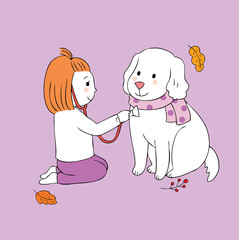 Cartoon cute Autumn girl and dog playing vector.