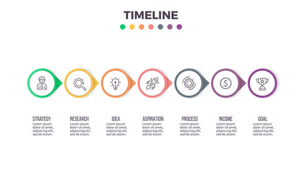 Business infographics. Timeline with 7 steps, options, circles. Vector template.