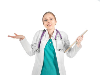Young beautiful female doctor with stethoscope showing sorry sign.