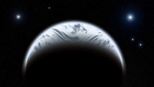 Planet with stormy atmosphere in the space.