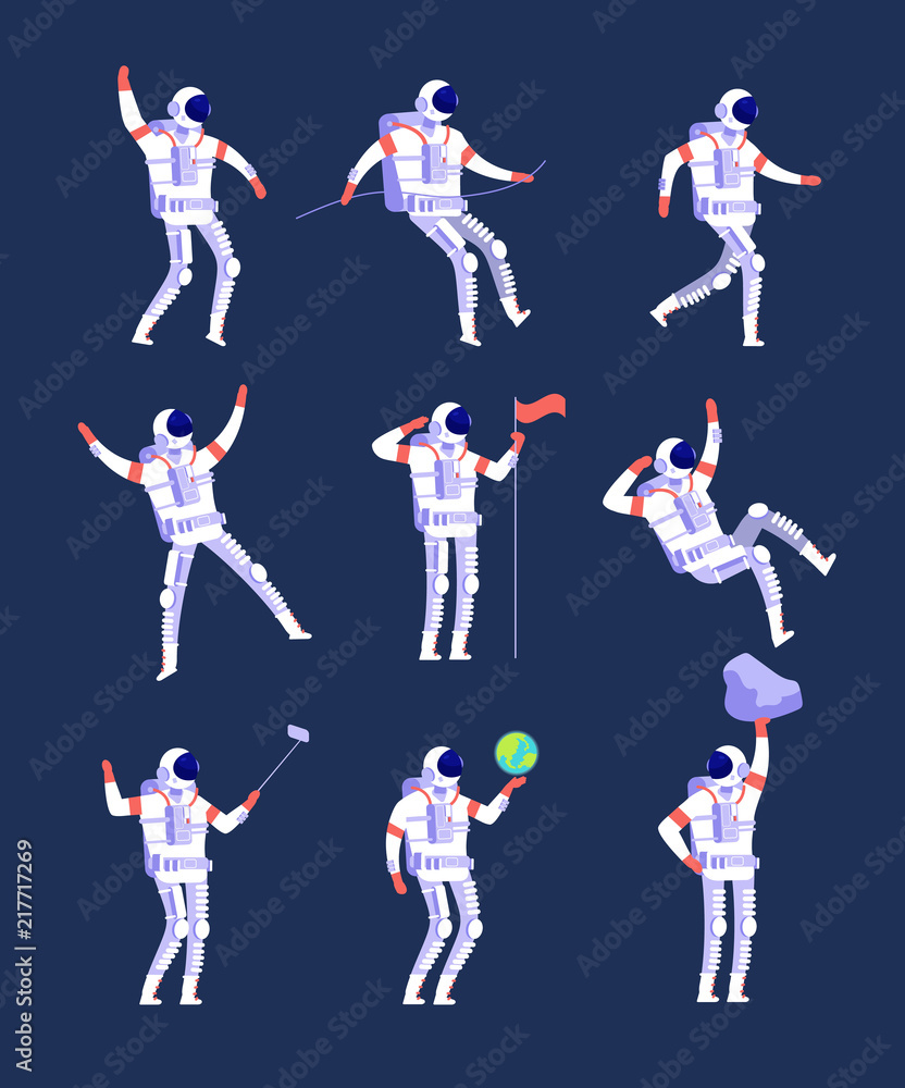 Aufkleber astronauts. cartoon cosmonauts in spacesuits in space. vector spaceman characters for game