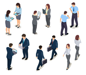 Isometric business people. 3d men and women. Crowd of persons. Businessman and businesswoman. Vector characters in office clothes
