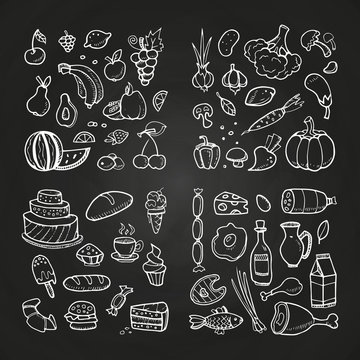 Hand drawn healhty and fast food. Doodle vegetables, fruits, desserts, meat and diary products