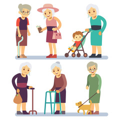 Old women cartoon character set. Senior ladies in different situation
