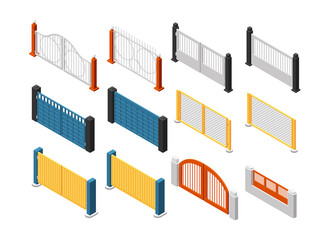 Isometric fences. Wooden fence, garden railing. Isolated 3d vector set