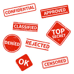 Top secret, rejected, approved, classified, confidential, denied and censored red grunge business stamps isolated on white background