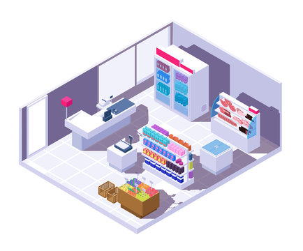 Isometric Supermarket Interior. 3d Grocery Store With Food Products