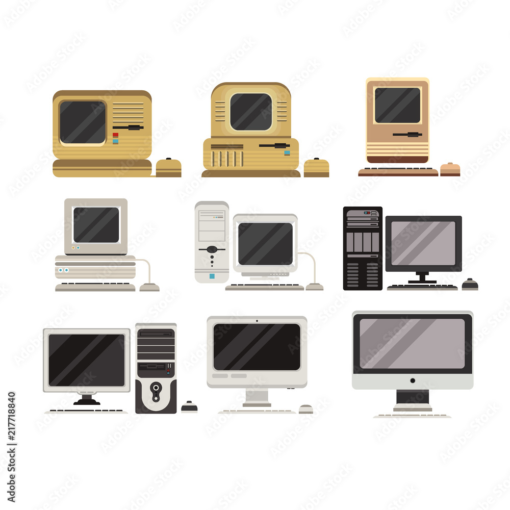 Poster computers set, pc evolution from obsolete to modern vector illustrations on a white background