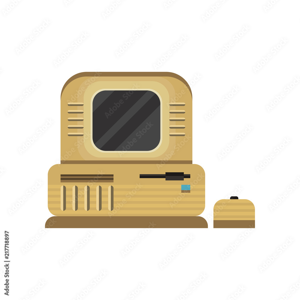 Poster retro personal computer woth mouse vector illustration on a white background