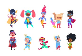 Kids superheroes. Cartoon superhero children. Boys and girls in carnival mask vector characters set © MicroOne