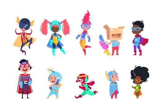 Kids superheroes. Cartoon superhero children. Boys and girls in carnival mask vector characters set
