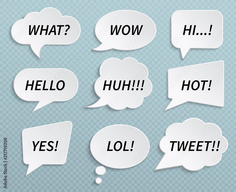 Poster paper speech bubbles. talk clouds with shadow and text messages. vector isolated stickers