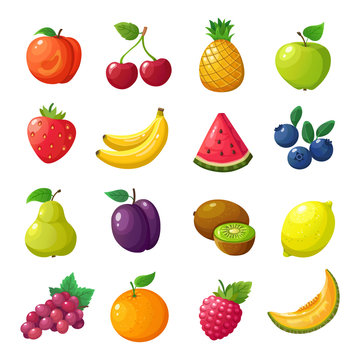 Cartoon fruits and berries. Melon pear mandarin watermelon apple orange isolated vector set