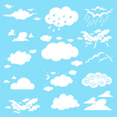 Clouds cartoon vector set on a blue background.