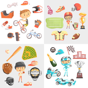 Sport for kids including baseball, american football, bmx cycling, car racing, boys in sports uniforms with equipment vector Illustrations on a white background