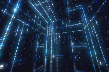 Rotating cube with hexadecimal machine code Abstract technological background 3d illustration