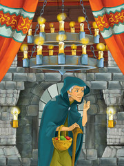 Obraz na płótnie Canvas cartoon scene with older woman - sorceress - in medieval castle room - illustration for children 