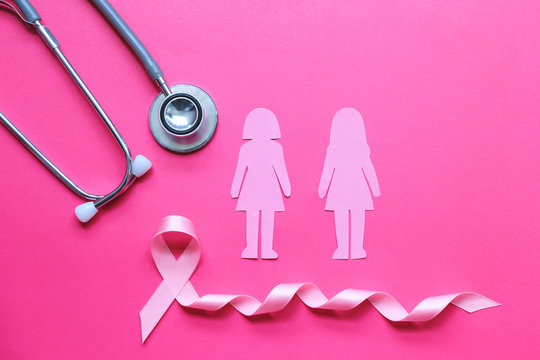 Pink ribbon and stethoscope on pink background, Symbol of breast cancer in women, Health care and Medical concept